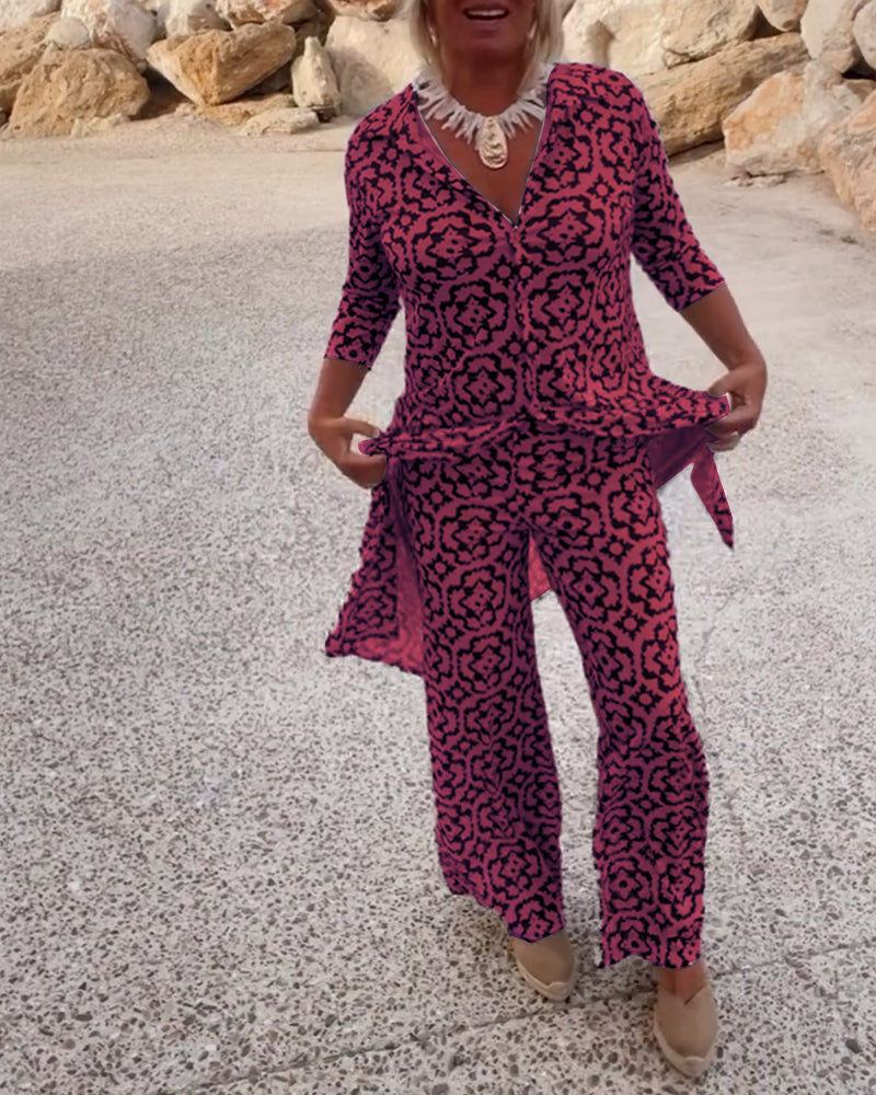 Femme Ensemble Pantalon Imprimé Vintage avec Blouse Manches Trois-quarts et Revers