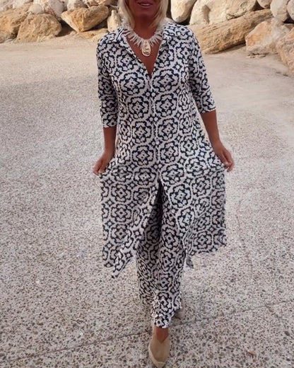 Femme Ensemble Pantalon Imprimé Vintage avec Blouse Manches Trois-quarts et Revers