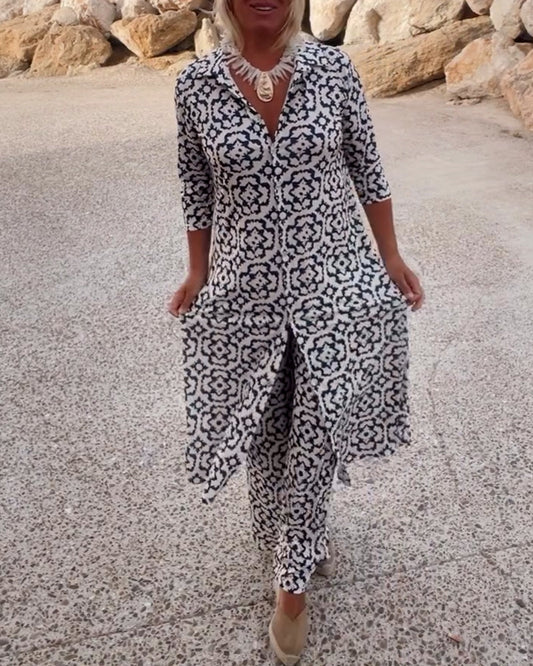 Femme Ensemble Pantalon Imprimé Vintage avec Blouse Manches Trois-quarts et Revers