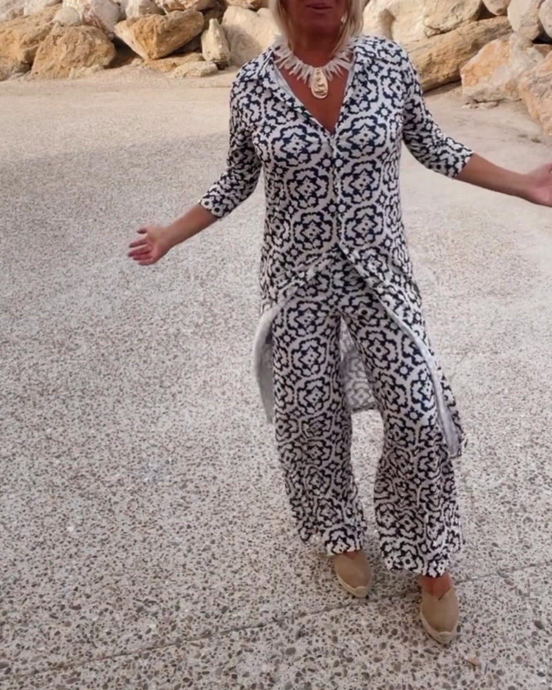 Femme Ensemble Pantalon Imprimé Vintage avec Blouse Manches Trois-quarts et Revers