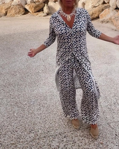 Femme Ensemble Pantalon Imprimé Vintage avec Blouse Manches Trois-quarts et Revers