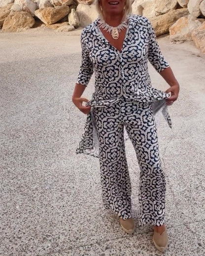 Femme Ensemble Pantalon Imprimé Vintage avec Blouse Manches Trois-quarts et Revers
