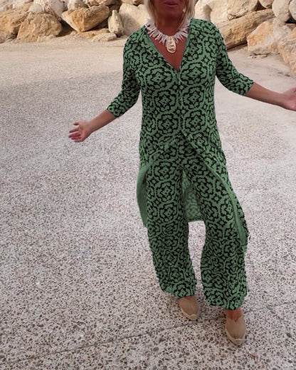 Femme Ensemble Pantalon Imprimé Vintage avec Blouse Manches Trois-quarts et Revers