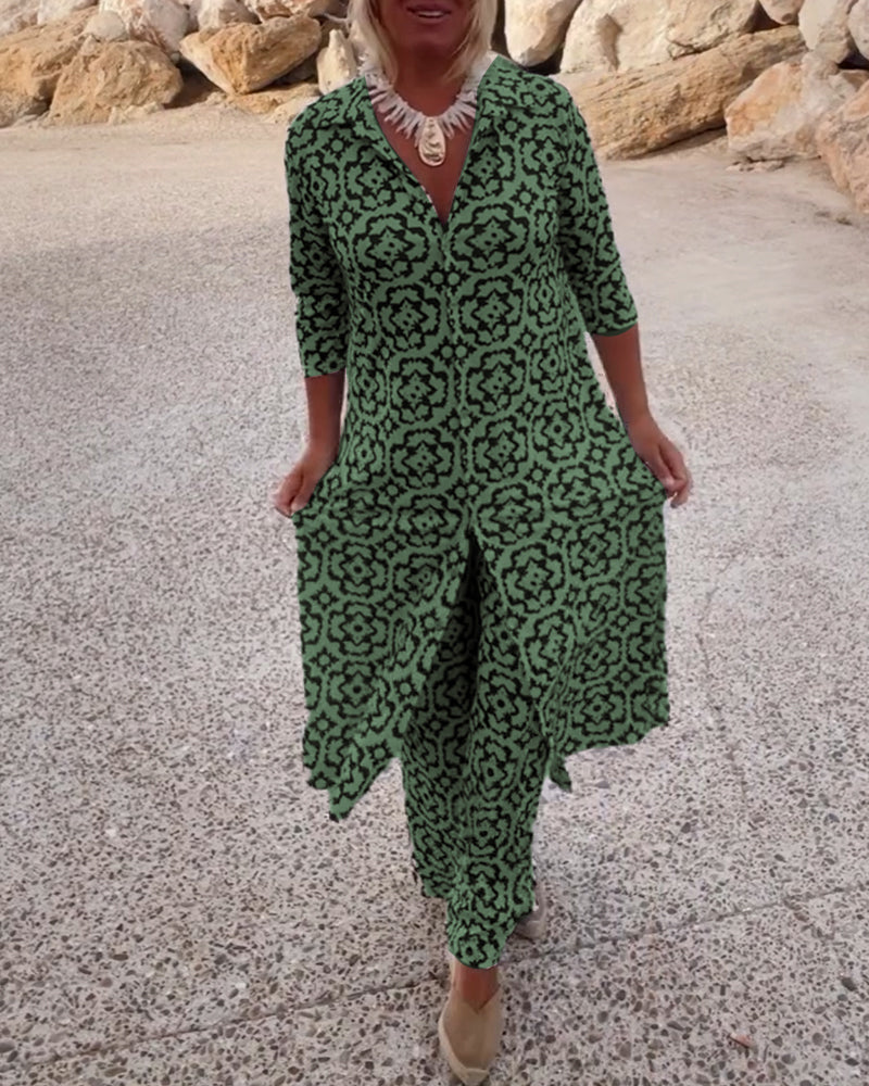 Femme Ensemble Pantalon Imprimé Vintage avec Blouse Manches Trois-quarts et Revers