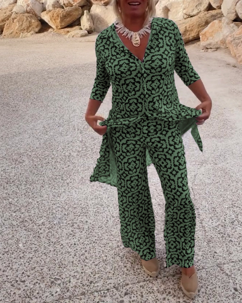 Femme Ensemble Pantalon Imprimé Vintage avec Blouse Manches Trois-quarts et Revers
