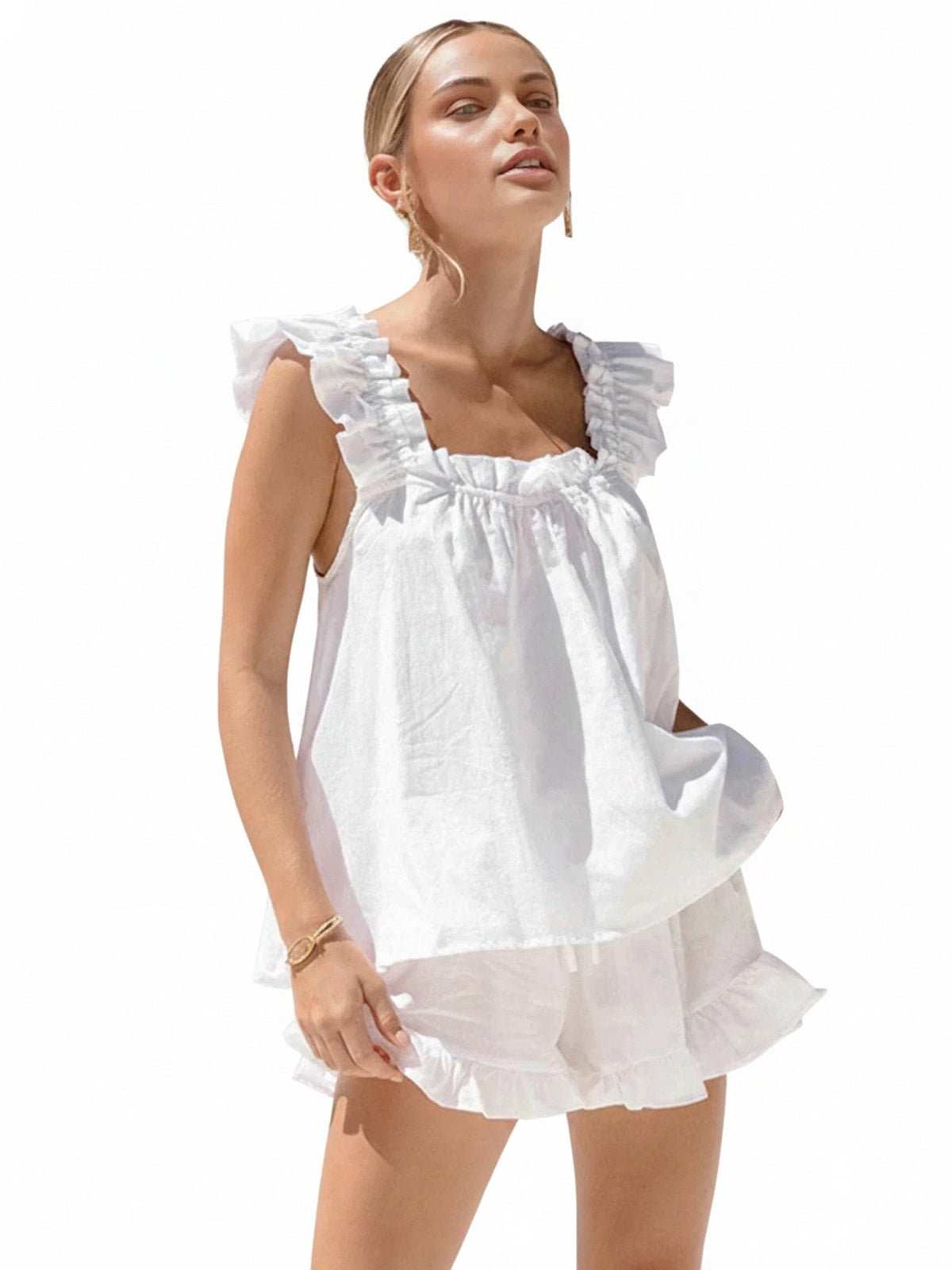 Femme Ensemble Sans Manches à Volants avec Short