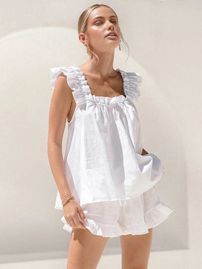 Femme Ensemble Sans Manches à Volants avec Short