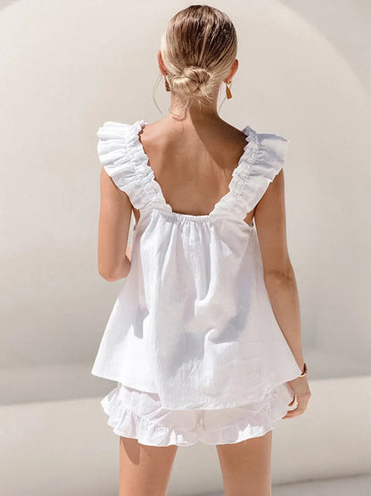 Femme Ensemble Sans Manches à Volants avec Short