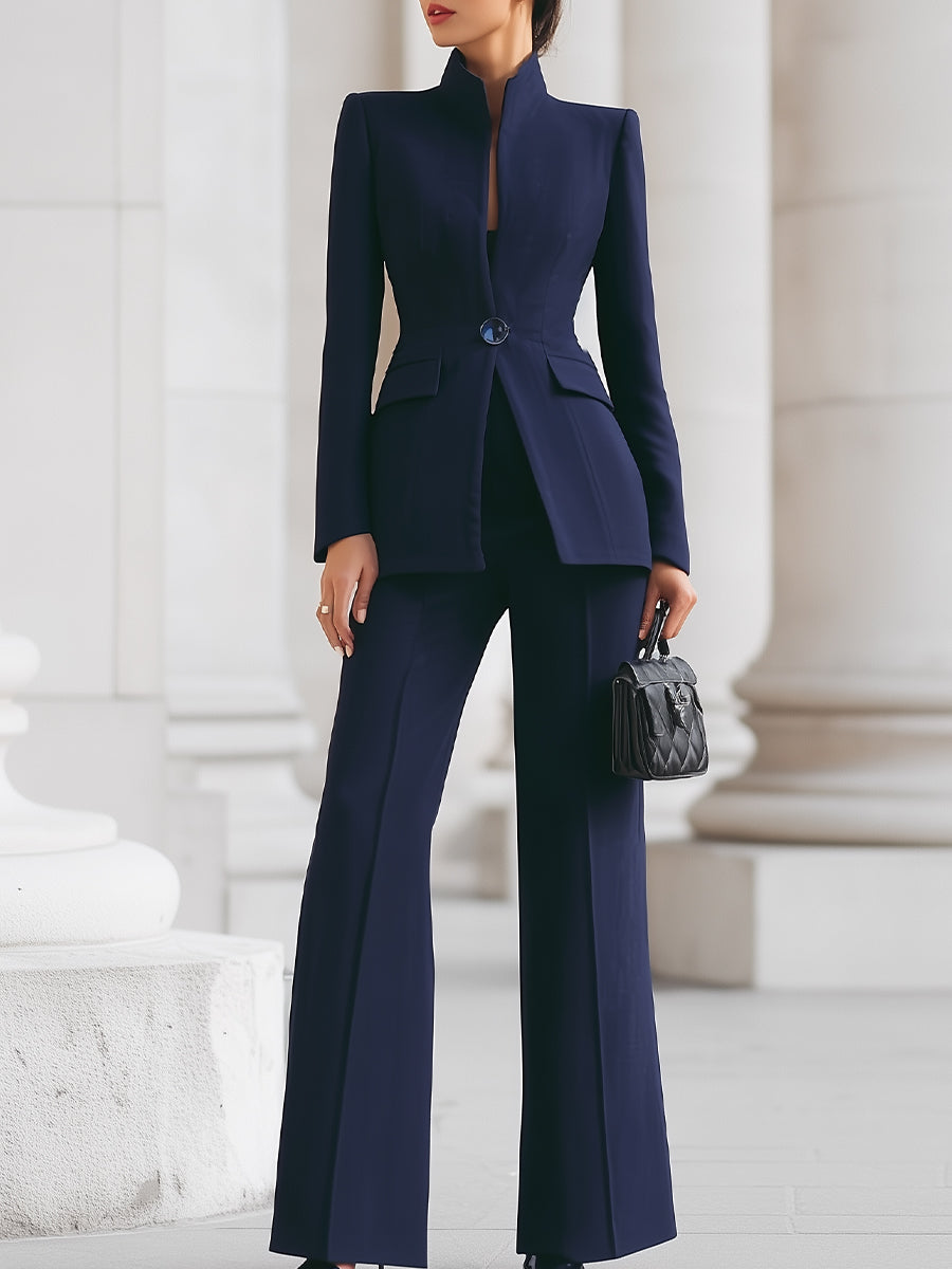 Femme Ensemble Tailleur Blazer à Col Montant et Pantalon Évasé Slim Fit