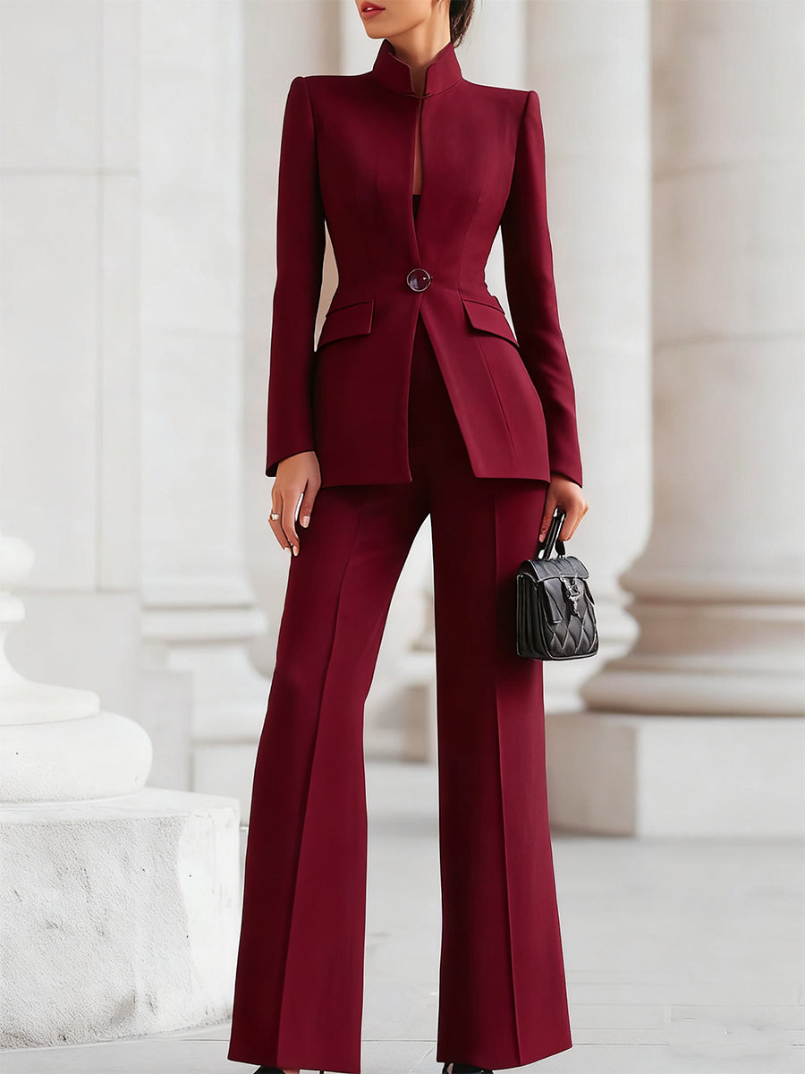 Femme Ensemble Tailleur Blazer à Col Montant et Pantalon Évasé Slim Fit