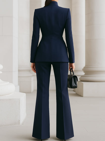Femme Ensemble Tailleur Blazer à Col Montant et Pantalon Évasé Slim Fit