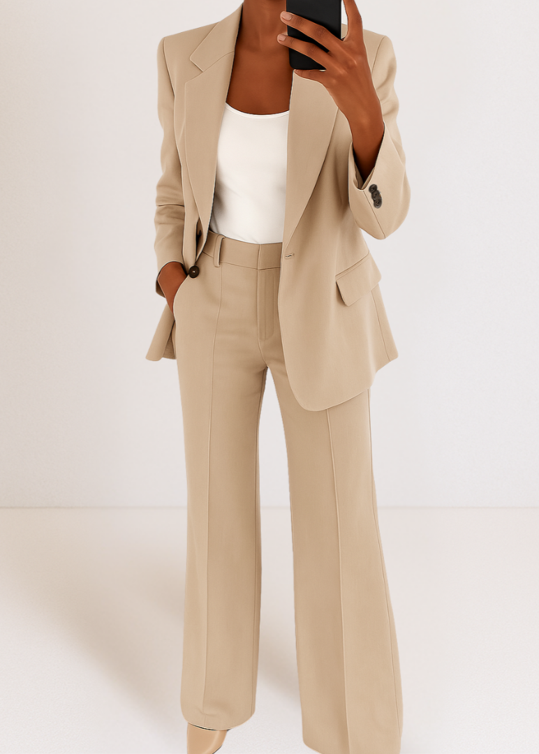 Femme Ensemble Tailleur Blazer et Pantalon Large à Revers