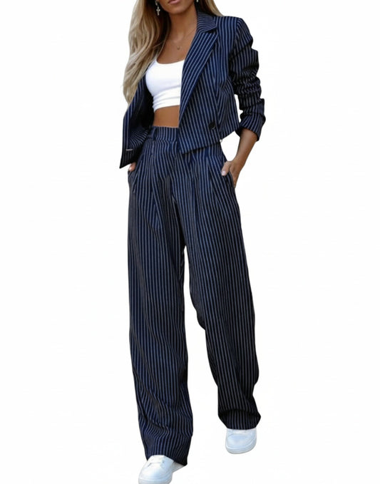 Femme Ensemble Tailleur Rayé Blazer Court et Pantalon Large