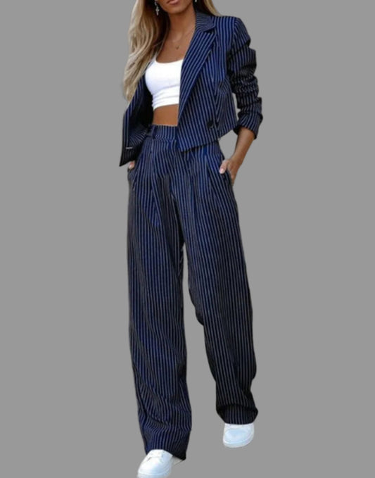 Femme Ensemble Tailleur Rayé Blazer Court et Pantalon Large