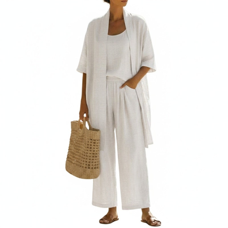 Femme Ensemble Trois Pièces avec Kimono Manches Courtes et Pantalon Large
