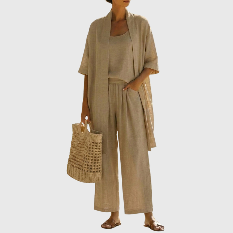 Femme Ensemble Trois Pièces avec Kimono Manches Courtes et Pantalon Large