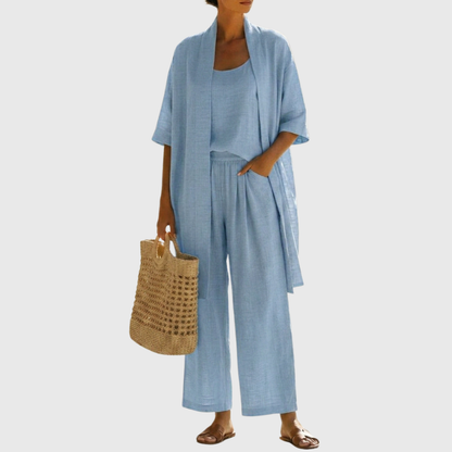 Femme Ensemble Trois Pièces avec Kimono Manches Courtes et Pantalon Large