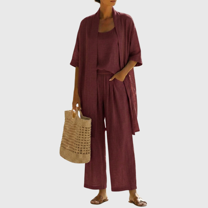 Femme Ensemble Trois Pièces avec Kimono Manches Courtes et Pantalon Large