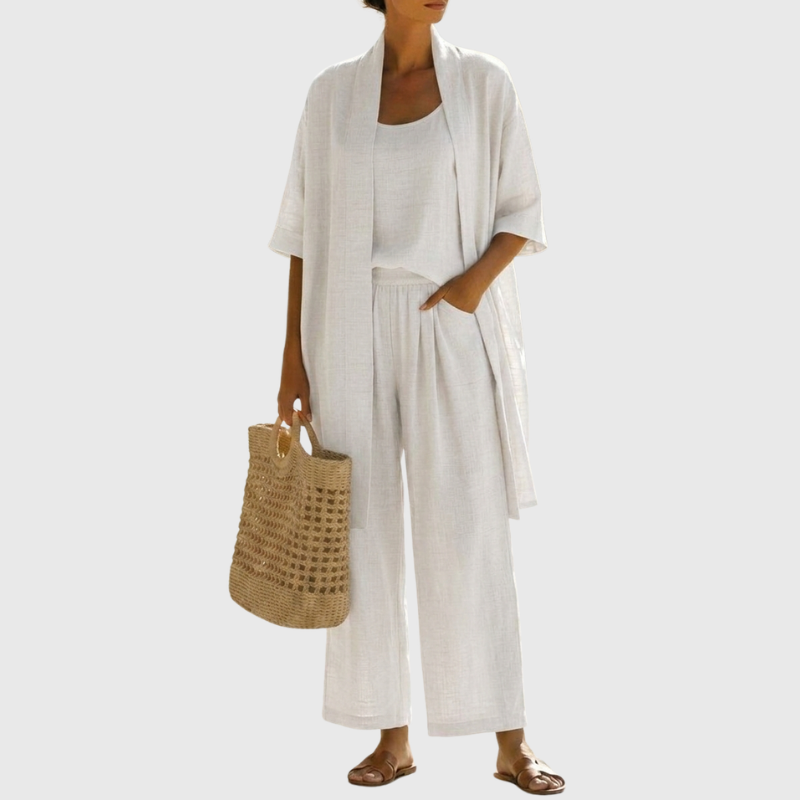 Femme Ensemble Trois Pièces avec Kimono Manches Courtes et Pantalon Large