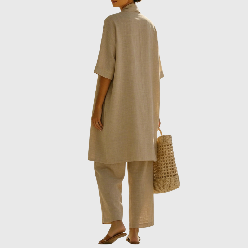 Femme Ensemble Trois Pièces avec Kimono Manches Courtes et Pantalon Large