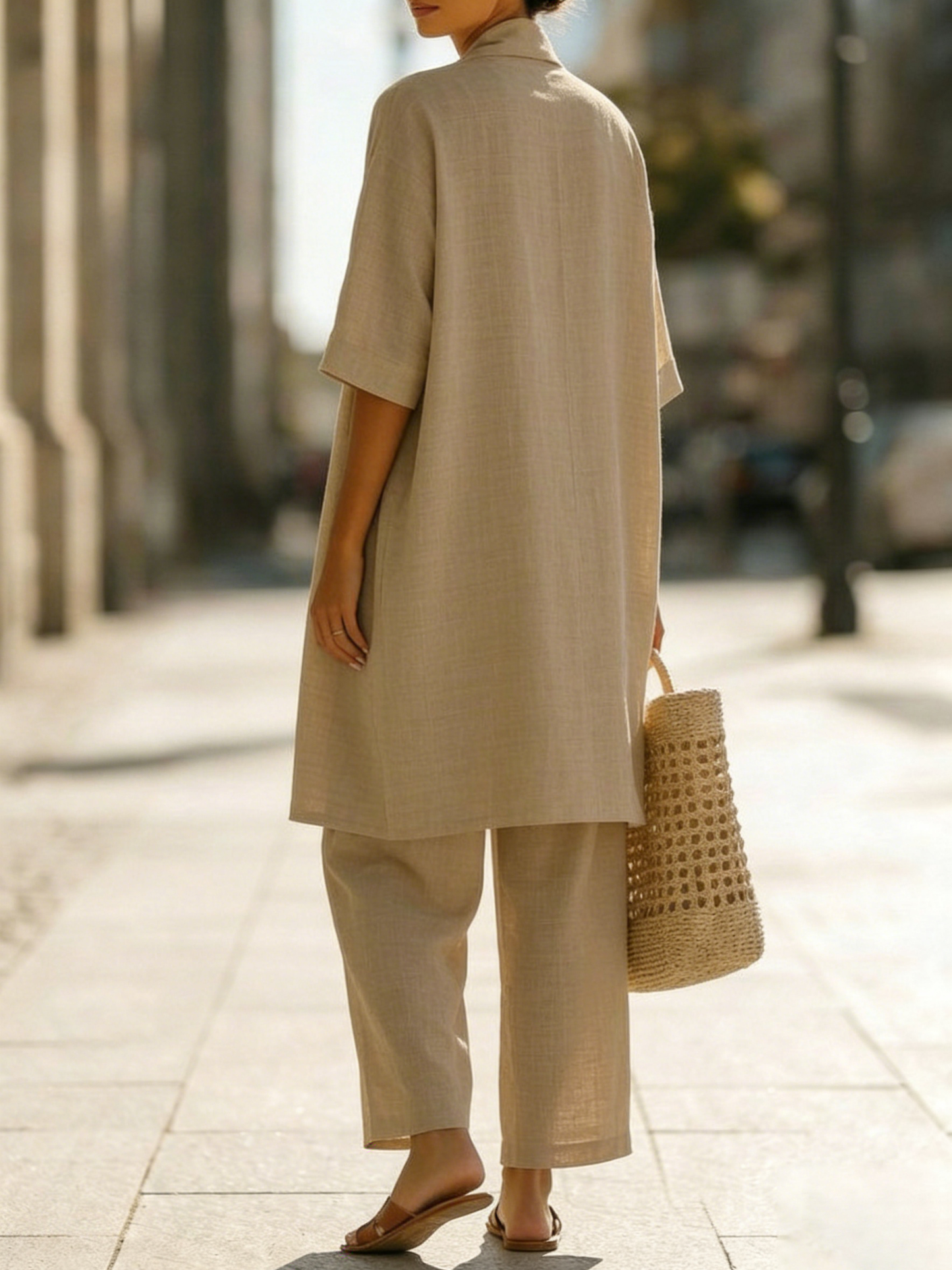 Femme Ensemble Trois Pièces avec Kimono Manches Courtes et Pantalon Large