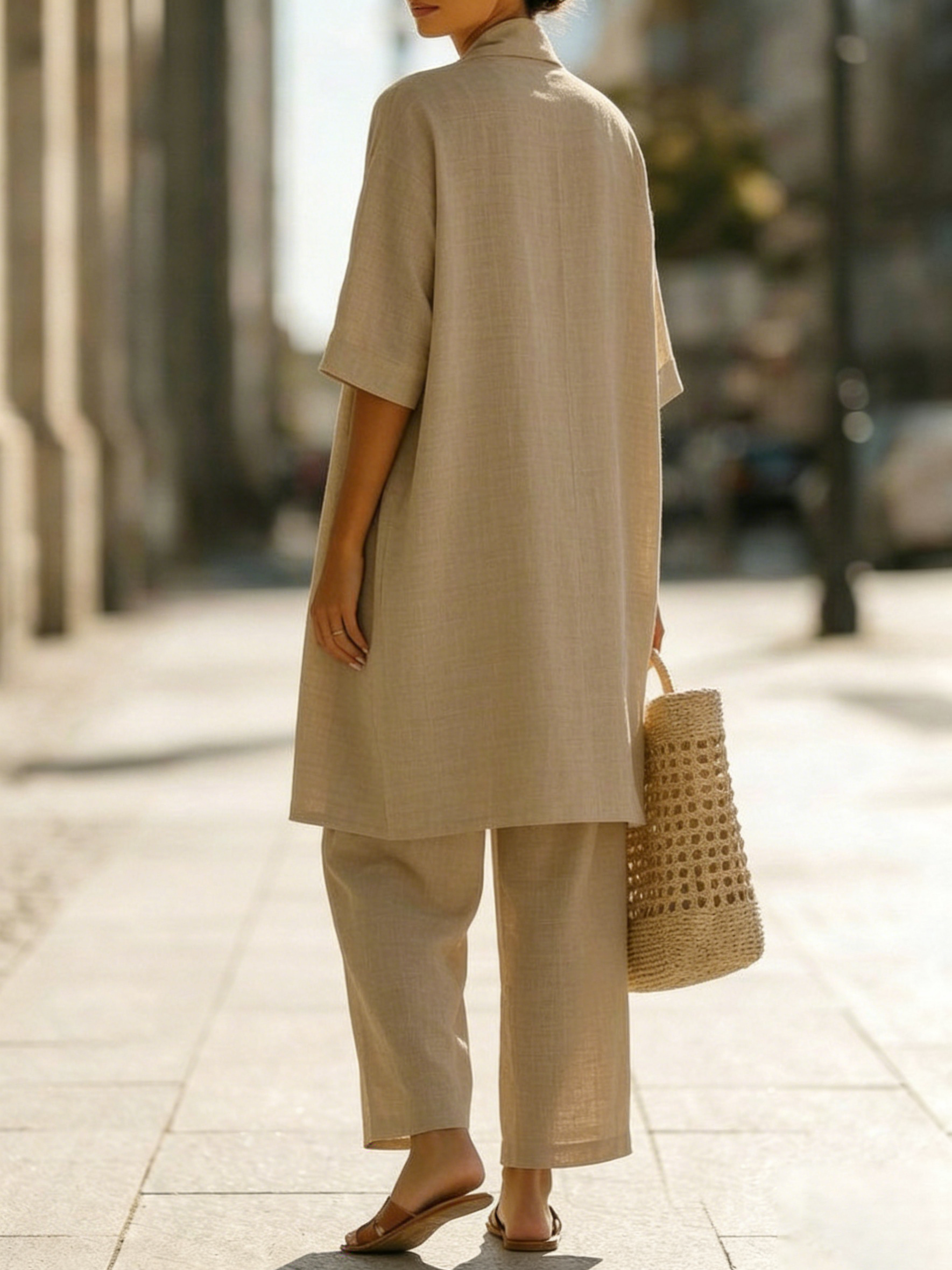 Femme Ensemble Trois Pièces avec Kimono Manches Courtes et Pantalon Large