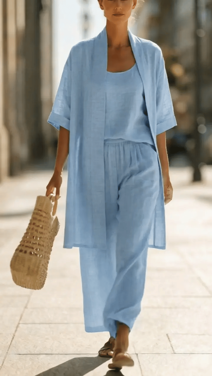 Femme Ensemble Trois Pièces avec Kimono Manches Courtes et Pantalon Large