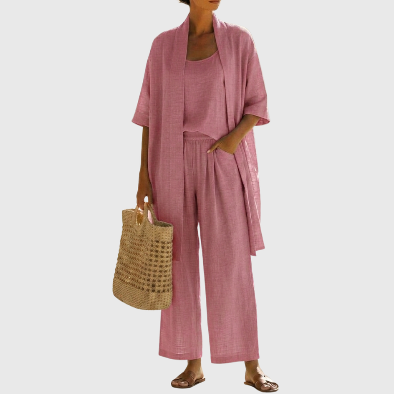 Femme Ensemble Trois Pièces avec Kimono Manches Courtes et Pantalon Large