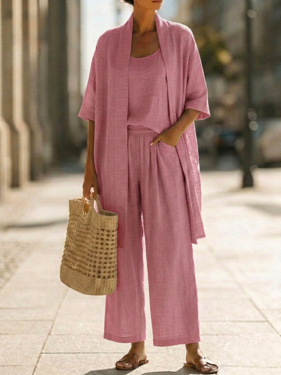 Femme Ensemble Trois Pièces avec Kimono Manches Courtes et Pantalon Large