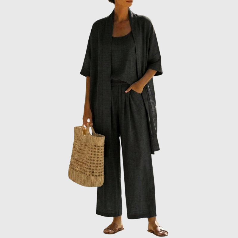 Femme Ensemble Trois Pièces avec Kimono Manches Courtes et Pantalon Large