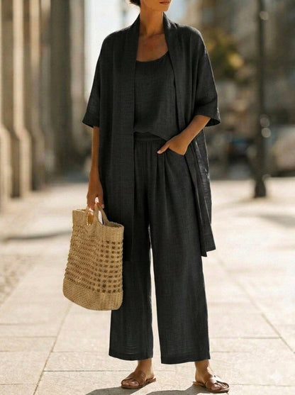 Femme Ensemble Trois Pièces avec Kimono Manches Courtes et Pantalon Large