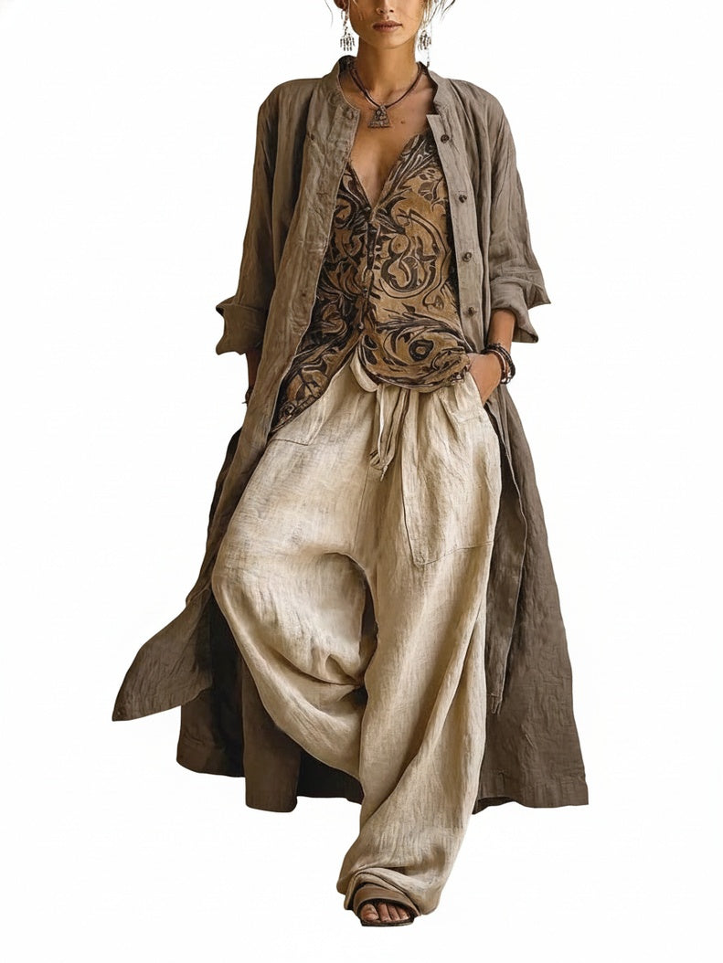 Femme Ensemble Trois Pièces Boho avec Cardigan Long, Top Imprimé et Pantalon Large