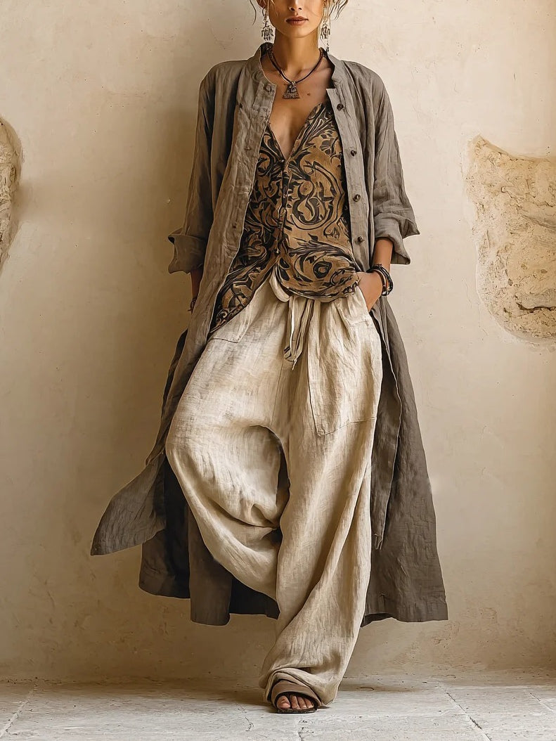 Femme Ensemble Trois Pièces Boho avec Cardigan Long, Top Imprimé et Pantalon Large