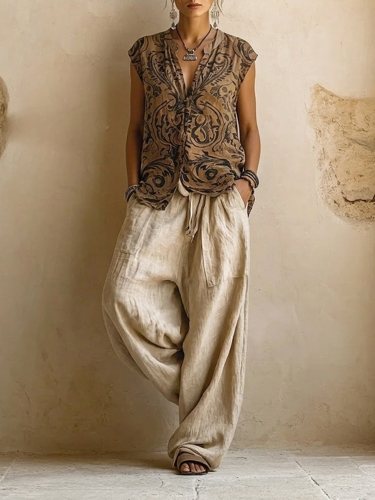 Femme Ensemble Trois Pièces Boho avec Cardigan Long, Top Imprimé et Pantalon Large