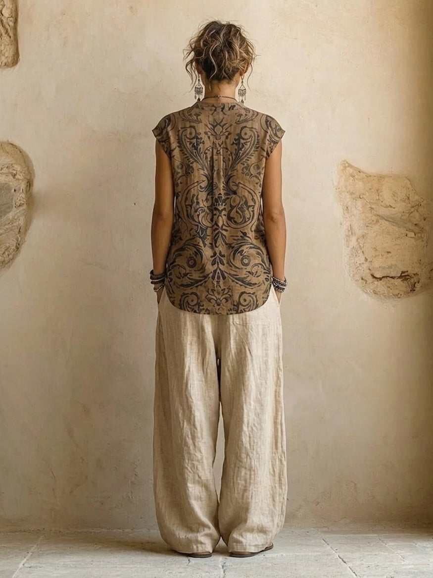 Femme Ensemble Trois Pièces Boho avec Cardigan Long, Top Imprimé et Pantalon Large