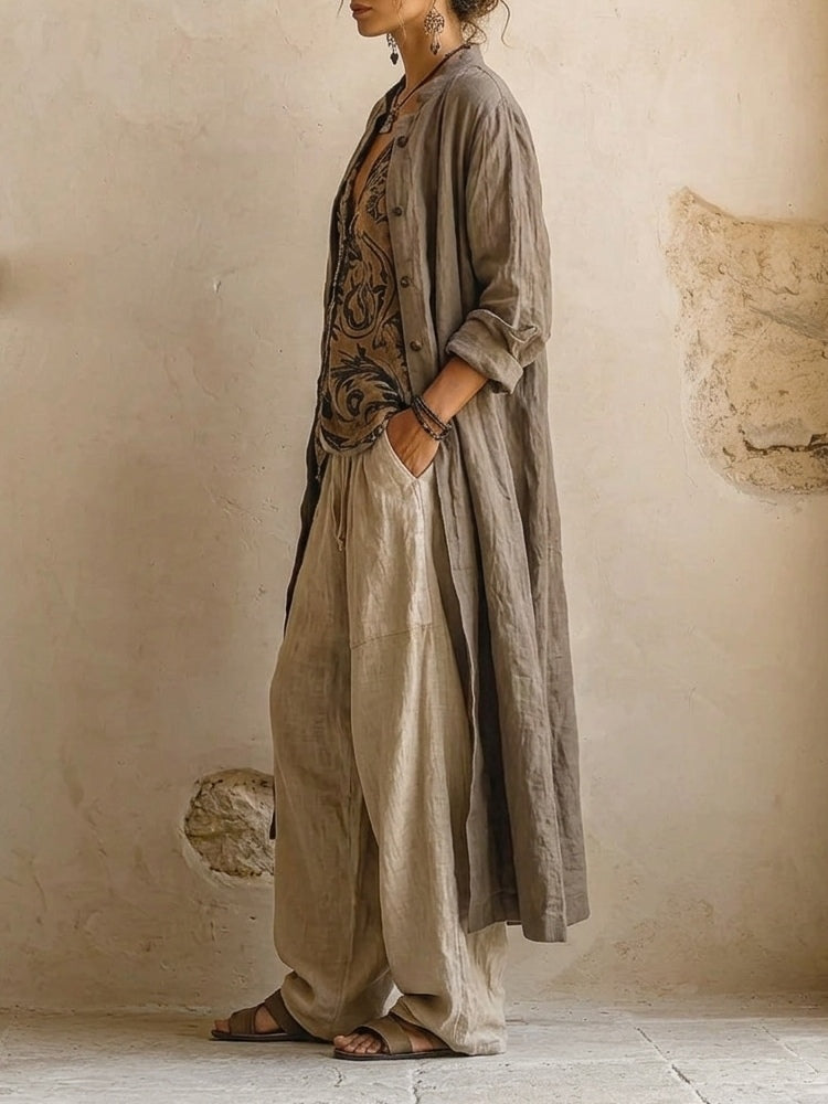 Femme Ensemble Trois Pièces Boho avec Cardigan Long, Top Imprimé et Pantalon Large