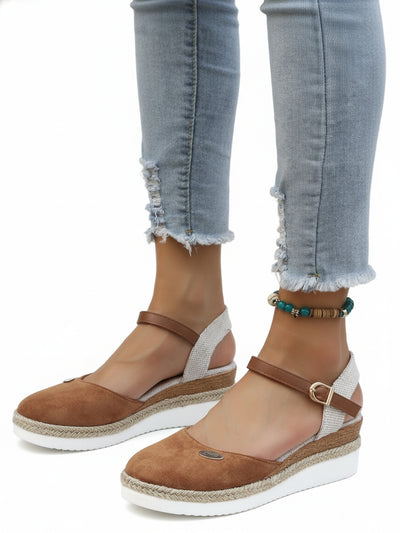 Femme Espadrilles à Semelle Compensée avec Bride à la Cheville et Bout Rond