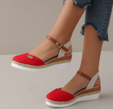 Femme Espadrilles à Semelle Compensée avec Bride à la Cheville et Bout Rond