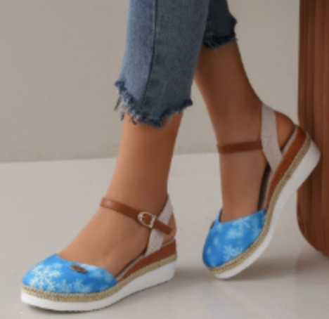 Femme Espadrilles à Semelle Compensée avec Bride à la Cheville et Bout Rond