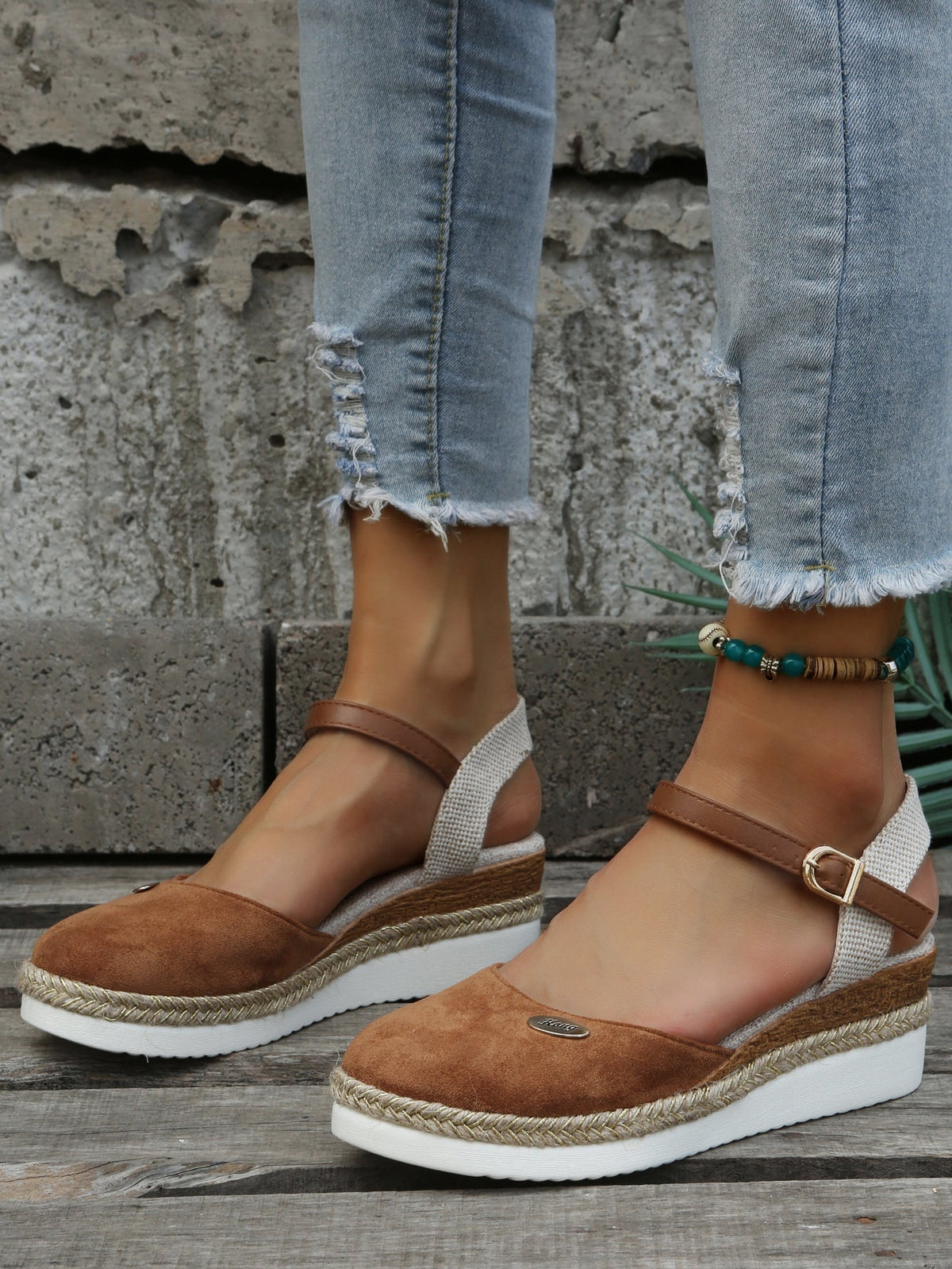 Femme Espadrilles à Semelle Compensée avec Bride à la Cheville et Bout Rond