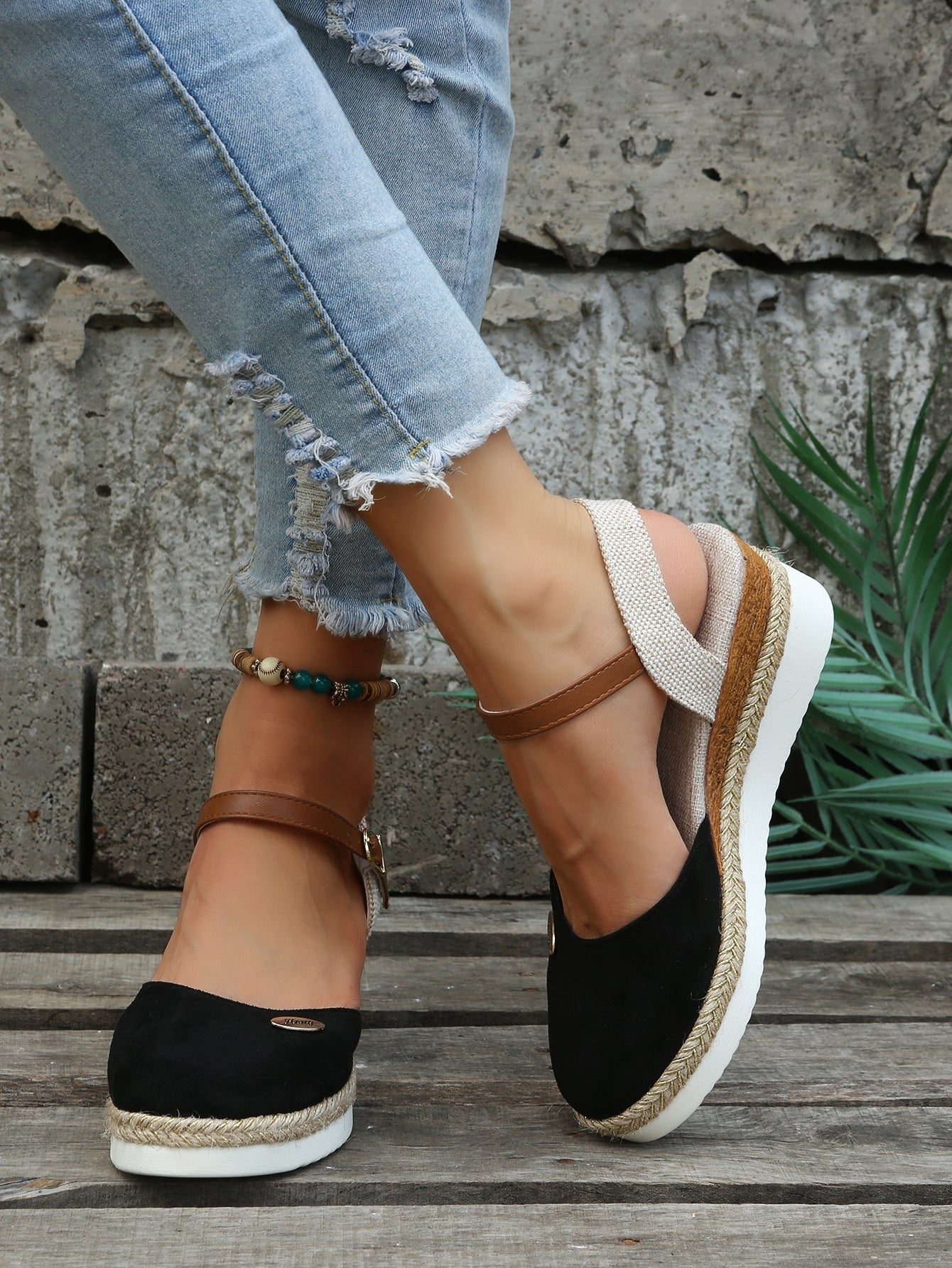Femme Espadrilles à Semelle Compensée avec Bride à la Cheville et Bout Rond