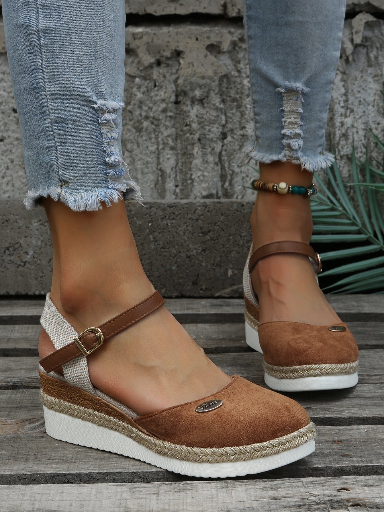 Femme Espadrilles à Semelle Compensée avec Bride à la Cheville et Bout Rond