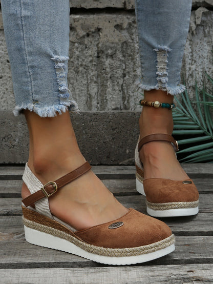 Femme Espadrilles à Semelle Compensée avec Bride à la Cheville et Bout Rond