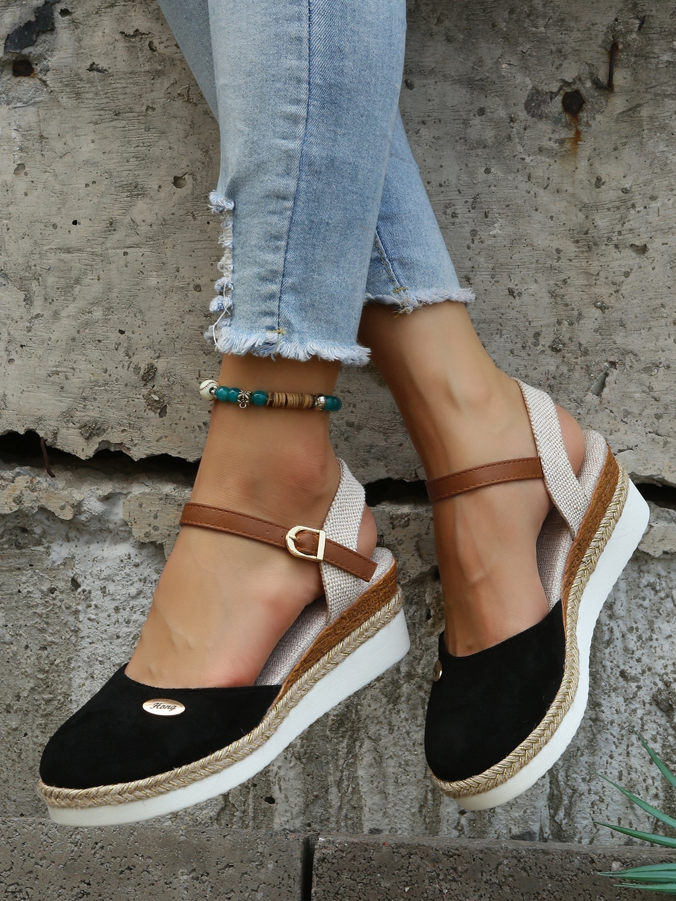 Femme Espadrilles à Semelle Compensée avec Bride à la Cheville et Bout Rond
