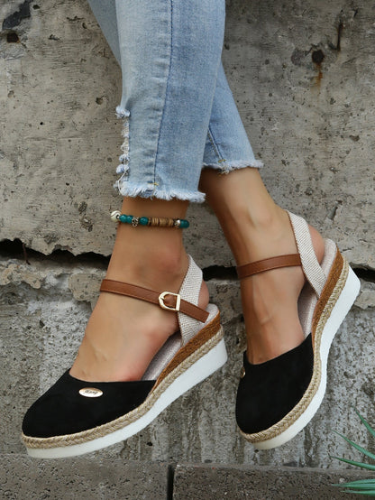 Femme Espadrilles à Semelle Compensée avec Bride à la Cheville et Bout Rond