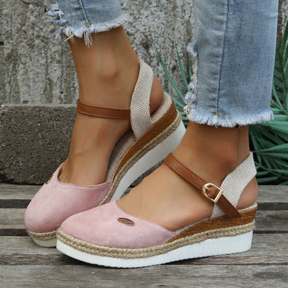 Femme Espadrilles à Semelle Compensée avec Bride à la Cheville et Bout Rond