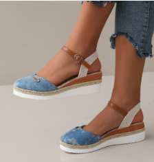 Femme Espadrilles à Semelle Compensée avec Bride à la Cheville et Bout Rond