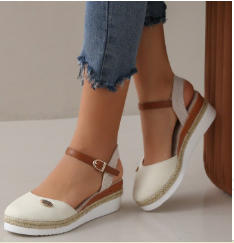 Femme Espadrilles à Semelle Compensée avec Bride à la Cheville et Bout Rond