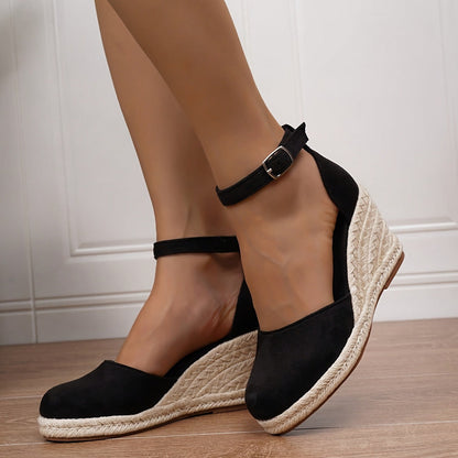 Femme Espadrilles à Talon Compensé avec Bride à Boucle et Bout Fermé