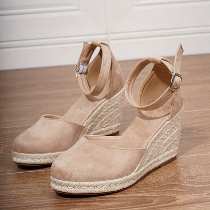 Femme Espadrilles à Talon Compensé avec Bride à Boucle et Bout Fermé